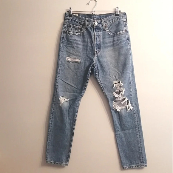 Levi's Premium 501 Skinny Jeans Nice as Pie Blue Distressed High Rise Ankle 28 - Picture 2 of 16
